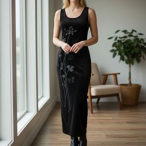 Karen Kane Black Aquamarine Maxi Dress Velvet Floral Graphic